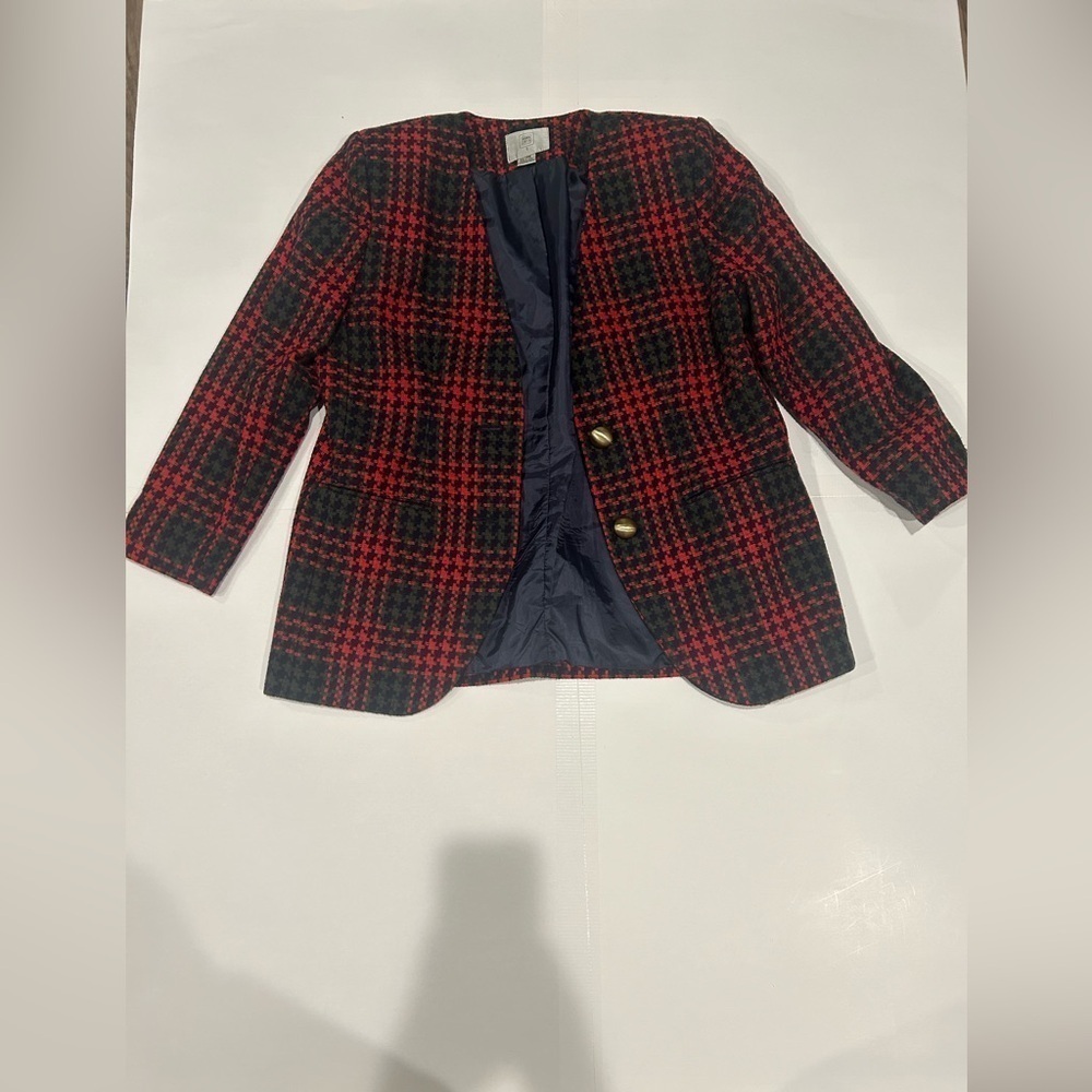 Amanda Smith Blazer Jacket 14 Plaid Wool Blend Red Black Academia Preppy